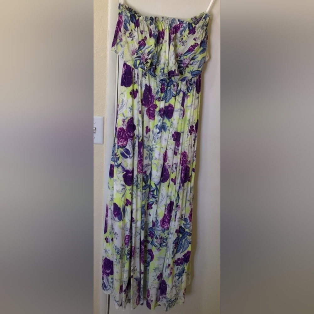 ISO Size 2x Floral Strapless Dress in Purple and Green